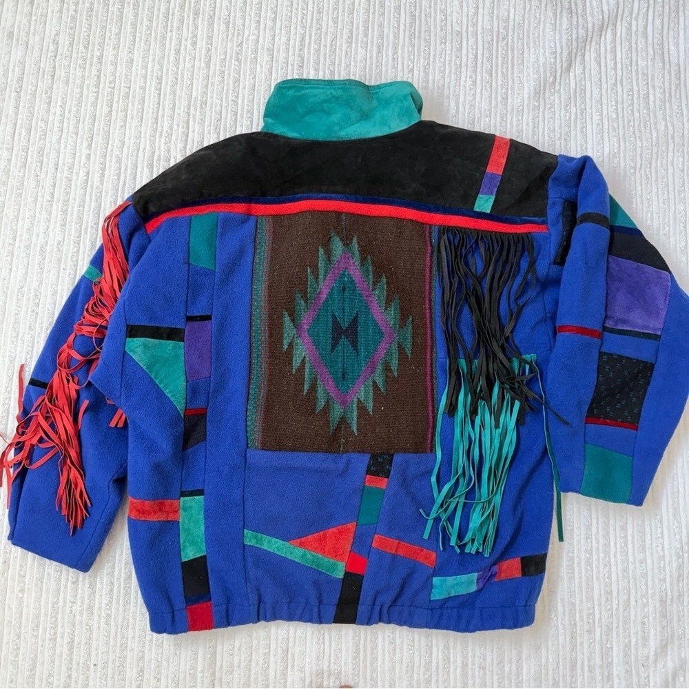 Vintage SFR Southwestern Boho Patchwork Bomber Fleece Jacket | Size L - Picture 7 of 8